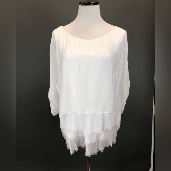 Silk White Blouse with Layered Hem made in Italy - Picture 3 of 13